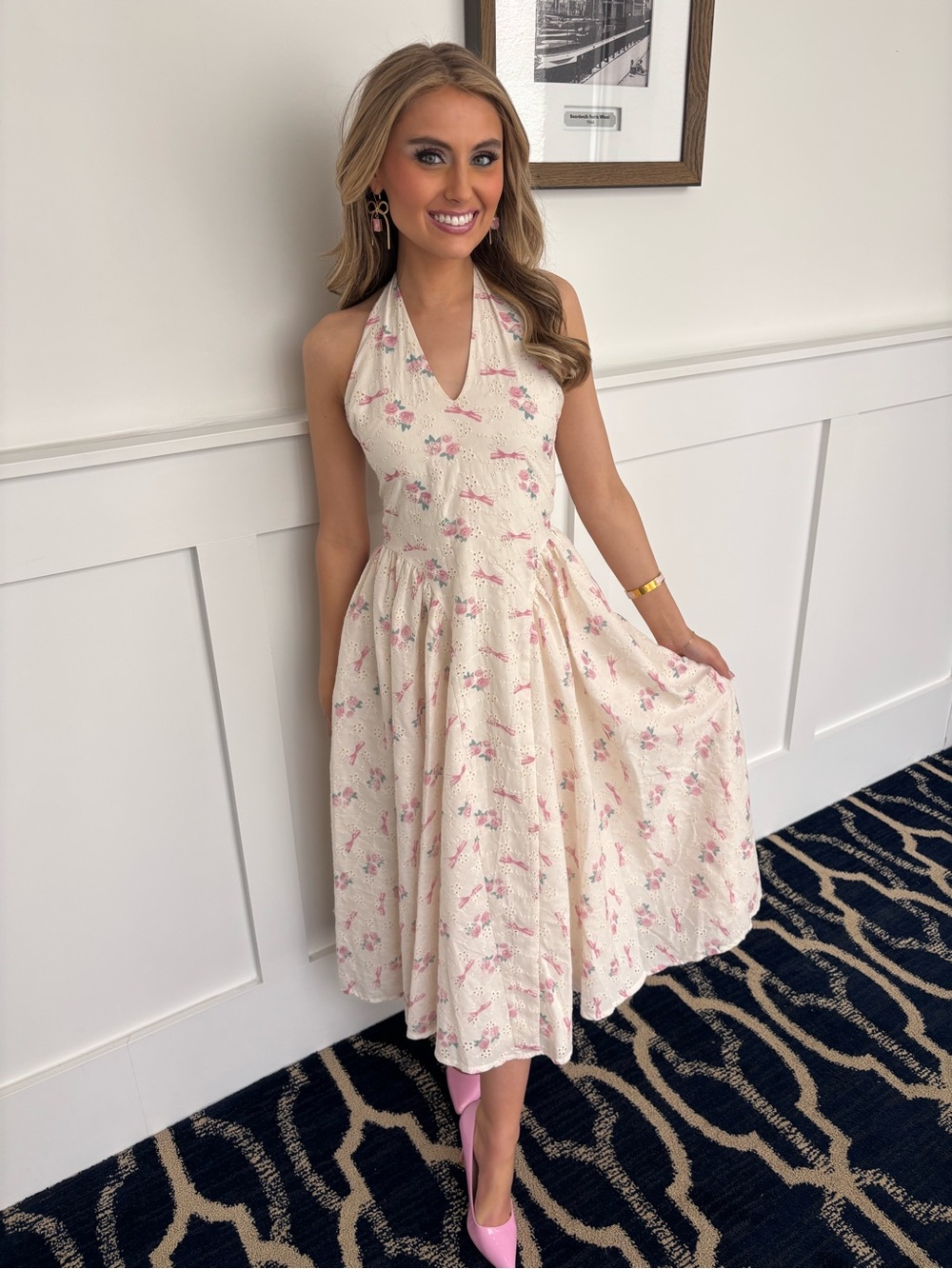 Windsor Sunny Daze Charm Halter V-Neck Floral A-Line Shabby Chic Midi Dress